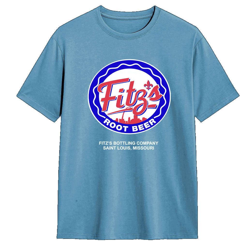 Light blue Fitz's Root Beer t-shirt with a screen printed logo